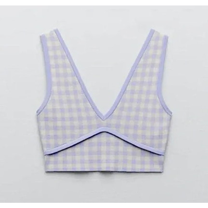 New Nwt Zara Purple White Gingham Print Soft Sweater Style Crop Top Large